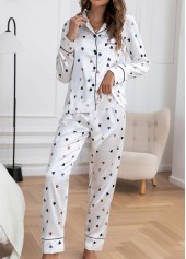 White loungewear,Heart loungewear,Heart Print White Shirt Collar Lounge Top and Pants