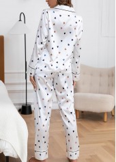 White loungewear,Heart loungewear,Heart Print White Shirt Collar Lounge Top and Pants