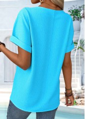 Blue plus size,Plain Color plus size,ROTITA Plus Size Button Blue Split Neck T Shirt