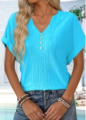 Blue plus size,Plain Color plus size,ROTITA Plus Size Button Blue Split Neck T Shirt