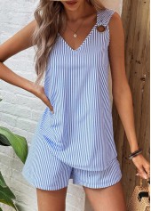 Sky Blue tops,Striped tops,Geometric tops,ROTITA Eyelet Striped Sky Blue V Neck Top and Shorts
