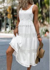 White dresses,Plain Color dresses,Everyday dresses,Casual dresses,ROTITA White Patchwork Round Neck Sleeveless Dress