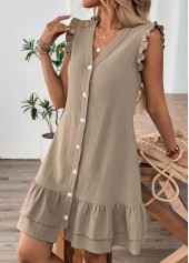 Gray Brown dresses,Plain Color dresses,Everyday dresses,Casual dresses,ROTITA Gray Brown V Neck Short Sleeve Dress