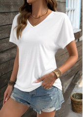 White tops,Plain Color tops,ROTITA White V Neck Short Sleeve T Shirt