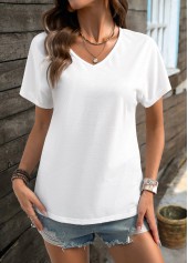White tops,Plain Color tops,ROTITA White V Neck Short Sleeve T Shirt