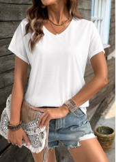 White tops,Plain Color tops,ROTITA White V Neck Short Sleeve T Shirt