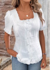 White tops,Plain Color tops,ROTITA White Square Neck Short Sleeve Blouse