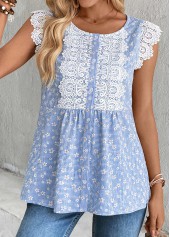 Blue tops,Striped tops,Geometric tops,ROTITA Striped Blue Round Neck Short Sleeve Tank Top