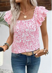 Pink tops,Floral tops,Plants tops,ROTITA Floral Print Pink Square Neck Short Sleeve T Shirt