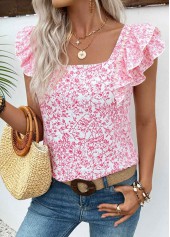 Pink tops,Floral tops,Plants tops,ROTITA Floral Print Pink Square Neck Short Sleeve T Shirt