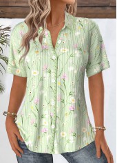 Light Green tops,Floral tops,Plants tops,ROTITA Floral Print Light Green Short Sleeve Shirt