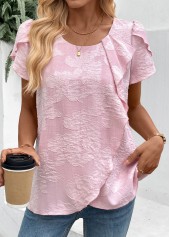 Pink tops,Plain Color tops,ROTITA Pink Round Neck Short Sleeve T Shirt