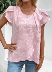 Pink tops,Plain Color tops,ROTITA Pink Round Neck Short Sleeve T Shirt