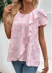 Pink tops,Plain Color tops,ROTITA Pink Round Neck Short Sleeve T Shirt