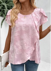 Pink tops,Plain Color tops,ROTITA Pink Round Neck Short Sleeve T Shirt