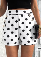 White bottoms,Dot bottoms,Polka Dot White Zipper Fly Mid Waisted Shorts