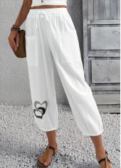 White bottoms,Heart bottoms,Heart Print White Jogger Elastic Waist High Waisted Pants