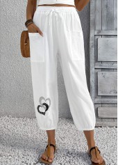 White bottoms,Heart bottoms,Heart Print White Jogger Elastic Waist High Waisted Pants