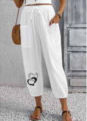 White bottoms,Heart bottoms,Heart Print White Jogger Elastic Waist High Waisted Pants