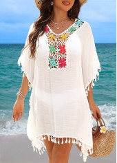 White swimwear,Contrast Color swimwear,Tummy Coverage White Tassel Cover Up