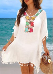 White swimwear,Contrast Color swimwear,Tummy Coverage White Tassel Cover Up