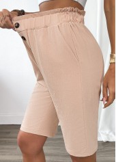 Light Camel bottoms,Plain Color bottoms,Light Camel Elastic Waist High Waisted Shorts
