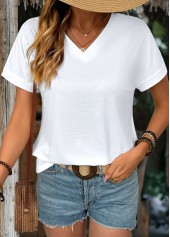 White tops,Plain Color tops,ROTITA White V Neck Short Sleeve T Shirt