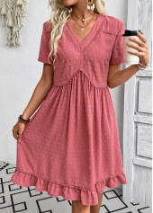 Coral dresses,Plain Color dresses,Everyday dresses,Casual dresses,ROTITA Coral A Line V Neck Short Sleeve Dress