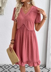 Coral dresses,Plain Color dresses,Everyday dresses,Casual dresses,ROTITA Coral A Line V Neck Short Sleeve Dress