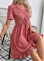Coral dresses,Plain Color dresses,Everyday dresses,Casual dresses,ROTITA Coral A Line V Neck Short Sleeve Dress