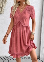 Coral dresses,Plain Color dresses,Everyday dresses,Casual dresses,ROTITA Coral A Line V Neck Short Sleeve Dress