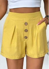Yellow bottoms,Plain Color bottoms,Yellow Elastic Waist High Waisted Shorts