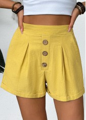 Yellow bottoms,Plain Color bottoms,Yellow Elastic Waist High Waisted Shorts