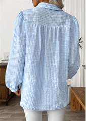 Light Blue tops,Striped tops,Geometric tops,ROTITA Striped Light Blue Turn Down Collar Long Sleeve Shirt