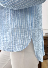 Light Blue tops,Striped tops,Geometric tops,ROTITA Striped Light Blue Turn Down Collar Long Sleeve Shirt