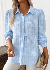 Light Blue tops,Striped tops,Geometric tops,ROTITA Striped Light Blue Turn Down Collar Long Sleeve Shirt