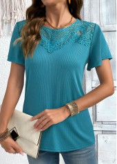 Turquoise tops,Plain Color tops,ROTITA Turquoise Round Neck Short Sleeve T Shirt