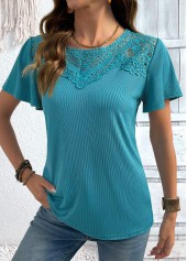 Turquoise tops,Plain Color tops,ROTITA Turquoise Round Neck Short Sleeve T Shirt