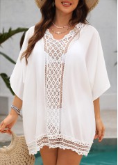 White swimwear,Plain Color swimwear,White 3/4 Sleeve V Neck Cover Up