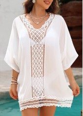 White swimwear,Plain Color swimwear,White 3/4 Sleeve V Neck Cover Up