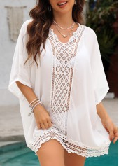 White swimwear,Plain Color swimwear,White 3/4 Sleeve V Neck Cover Up