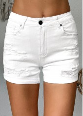 White bottoms,Plain Color bottoms,White Skinny Button Fly Mid Waisted Shorts