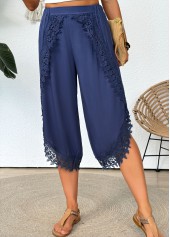 Denim Blue bottoms,Plain Color bottoms,Denim Blue Wide Leg Elastic Waist Mid Waisted Pants