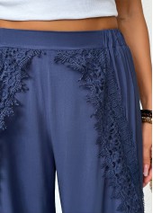 Denim Blue bottoms,Plain Color bottoms,Denim Blue Wide Leg Elastic Waist Mid Waisted Pants