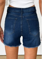 Denim Blue bottoms,Plain Color bottoms,Denim Blue Button Fly High Waisted Denim Shorts