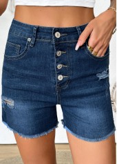 Denim Blue bottoms,Plain Color bottoms,Denim Blue Button Fly High Waisted Denim Shorts
