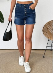 Denim Blue bottoms,Plain Color bottoms,Denim Blue Button Fly High Waisted Denim Shorts