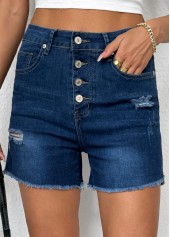 Denim Blue bottoms,Plain Color bottoms,Denim Blue Button Fly High Waisted Denim Shorts