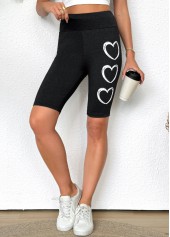 Black bottoms,Heart bottoms,Heart Print Black High Waisted Elastic Waist Short Leggings