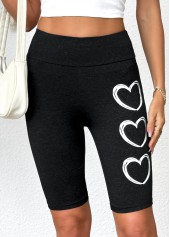 Black bottoms,Heart bottoms,Heart Print Black High Waisted Elastic Waist Short Leggings